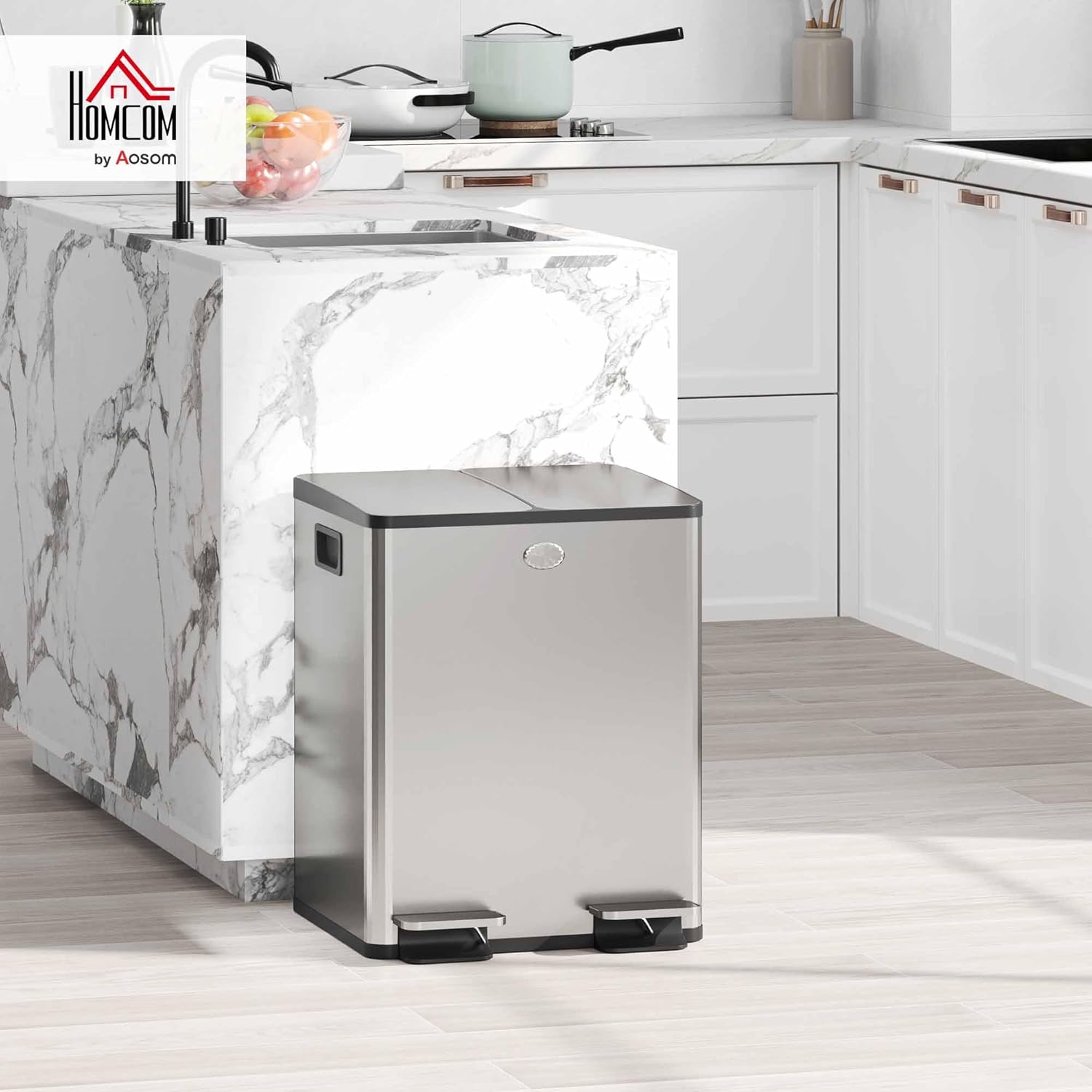 HOMCOM Poubelle de cuisine double, 2 x 20L, poubelle à pédale en acier inoxydable, 2 couvercles à fermeture douce, seaux intérieurs amovibles et poignées anti-empreintes digitales 45,8x36x51,6cm : Cuisine et Maison