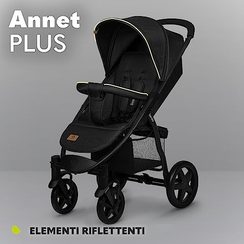 LIONELO Annet passeggino leggero pieghevole grigio regorabile con posizione sdraiata con ruote EVA cappottina XXL con zanzariera coprigambe portabibite fino 22 kg (Nero, PLUS) : Prima infanzia