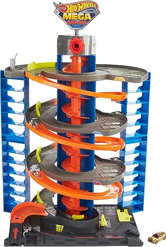 Hot Wheels  City Mega Garage Twist, Playset con Ascensore a Spirale e Oltre 6 Posti Auto, Include 1 Macchinina in Scala 1:64, Imballaggio Sostenibile, Giocattolo per Bambini 4  Anni, HFH03 : Giochi e giocattoli