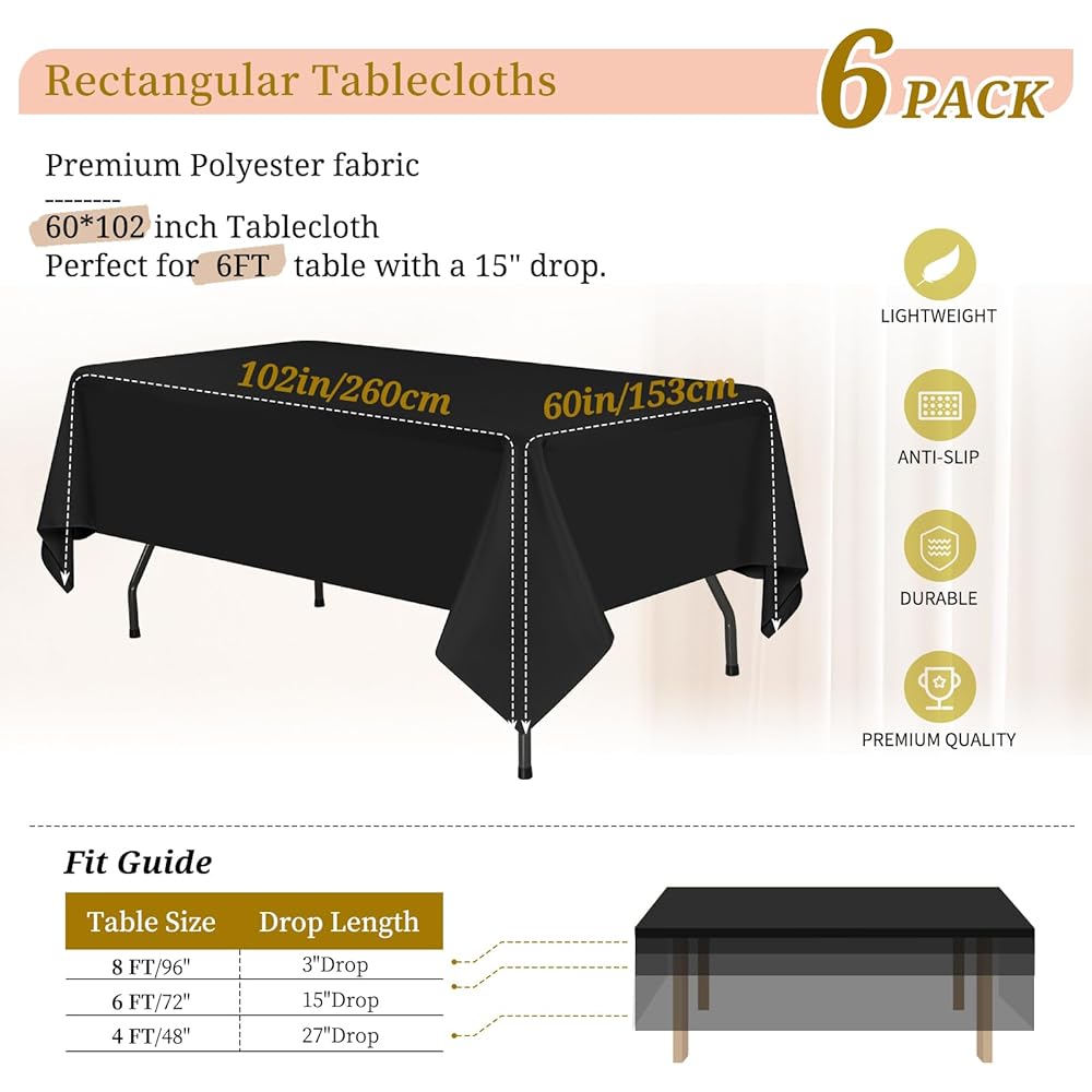 Teruntrue Lot de 6 Nappe Rectangulaire Noire Tissu 153 x 260cm, Lavable Nappes Rectangulaire pour Tables 6 Pieds, Nappe en Polyester pour Fête Mariage Buffet Camping Restaurant : Cuisine et Maison