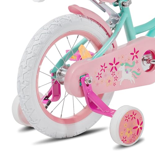 JOYSTAR Bicicletta per bambini a forma di unicorno, da 16 pollici, per bambini da 5 a 7 anni, con seggiolino e ruote di supporto, colore: verde, BIKE049gr 16 : Sport e tempo libero
