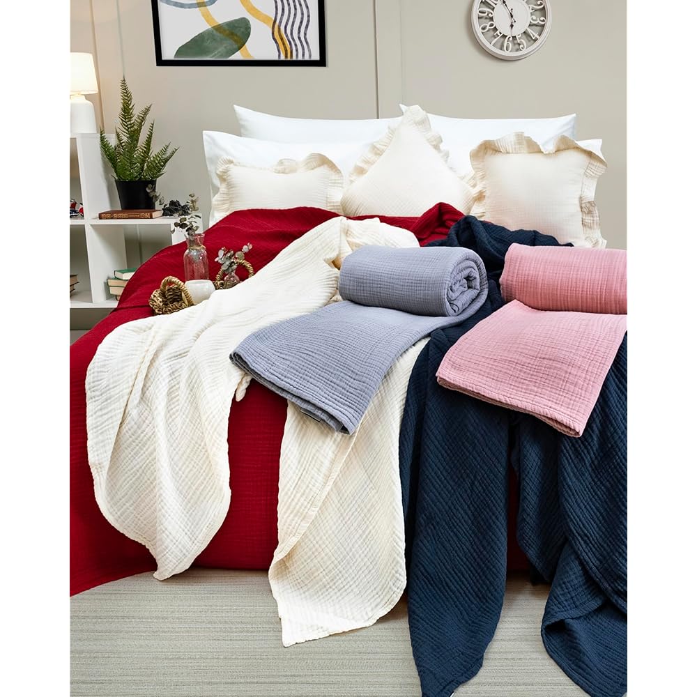 LAYNENBURG Premium Mousseline Couvre-lit 220 x 240 cm XXL - 100% Coton - Couverture en Coton Extra Doux pour se blottir, Couvre-lit, Couvre-canapé, Couvre-canapé (Bordeaux) : Cuisine et Maison