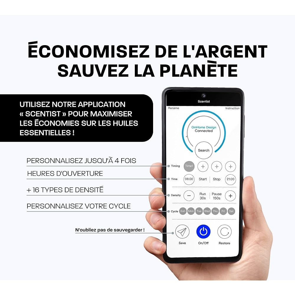 Ombiance Diffuseur d'Arômes et d'Huiles Essentielles | Puissance &amp; Bienfaits Dépassant Les Bougie Parfumées | Diffusion par Nebulisation | Contrôlé par Application Bluetooth, 300m³ Automatique : Hygiène et Santé