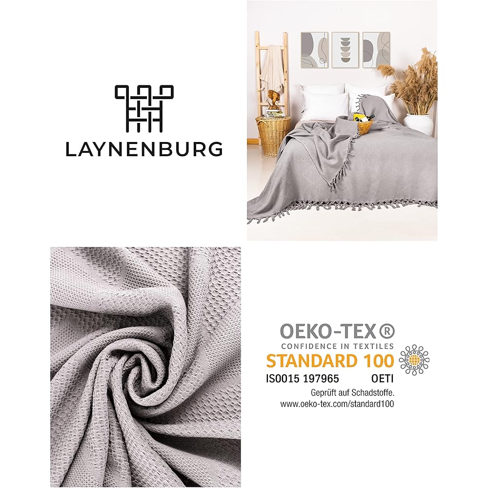 LAYNENBURG Premium Couvre-lit avec Franges nouées à la Main - 100% Coton - 220 x 240 cm - Couverture d'été en piqué gaufré en Coton, Couvre-canapé &amp; Couverture de canapé (Gris) : Cuisine et Maison