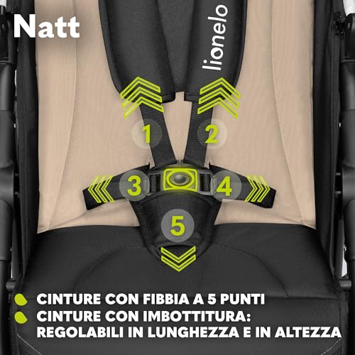 LIONELO NATT Passeggino compatto per bambini dalla nascita fino a 22 kg Pieghevole, Completa regolazione, Posizione sdraiata, Cinture 5punti, Grandi ruote Ammortizzazione, Cappottina XXL, Impermeabile : Prima infanzia