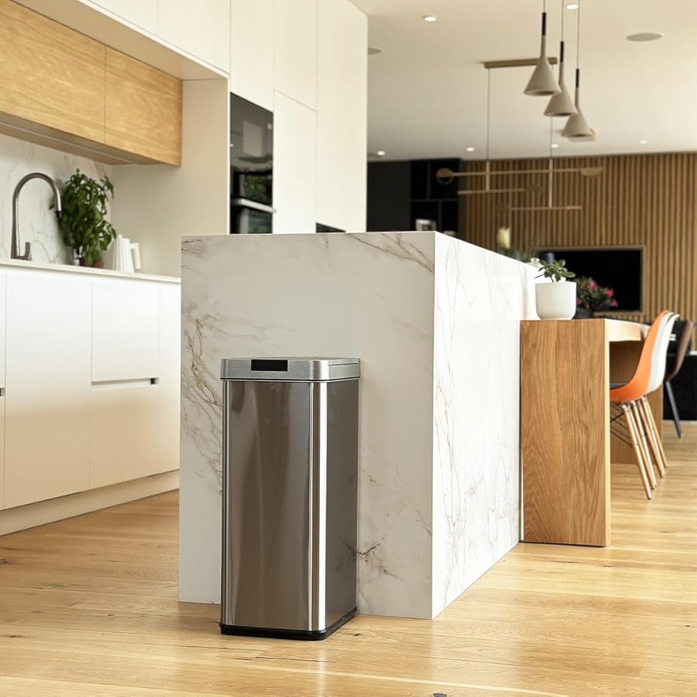 Poubelle de cuisine automatique 70L SILVERLAKE en acier Inox avec cerclage Ouverture papillon grande capacité : Cuisine et Maison