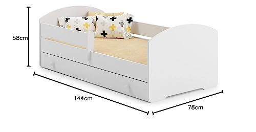 Dmora Letto Singolo per Bambini, Lettino con cassettone e Protezione anticaduta, con testiera Tonda, cm 144x78h58, Colore Bianco, Small : Casa e cucina