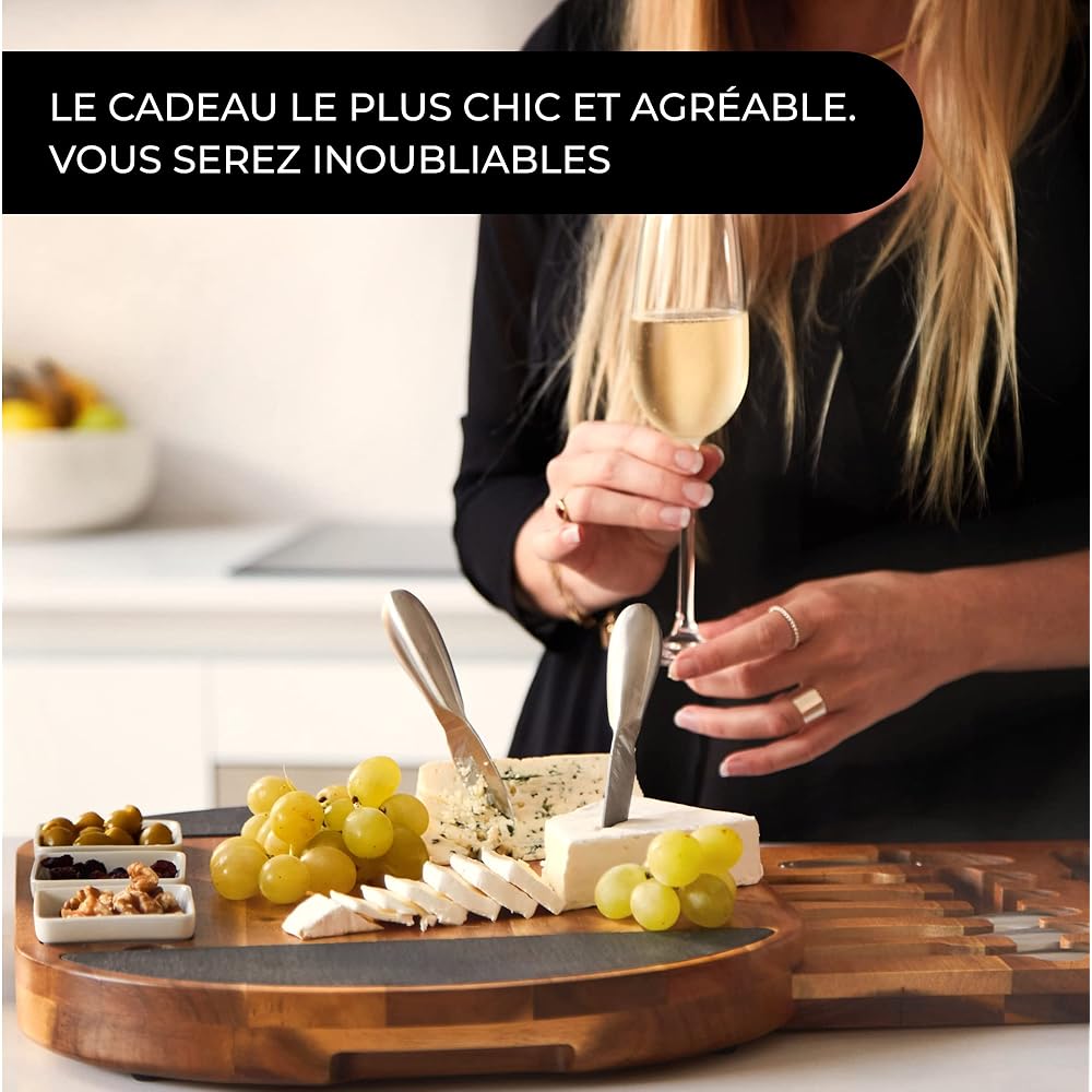 Plateau à fromage et charcuterie. Planche à fromage exclusive en bois d’acacia avec couteaux en acier inoxydable, ardoises et bols. Cadeau pour une pendaison de crémaillère, Cadeau de mariage : Cuisine et Maison