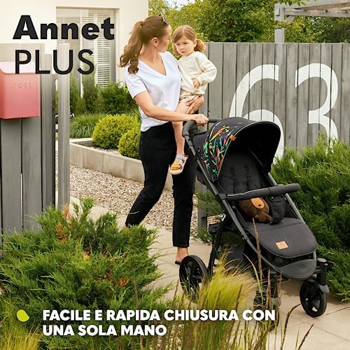 LIONELO Annet passeggino leggero pieghevole grigio regorabile con posizione sdraiata con ruote EVA cappottina XXL con zanzariera coprigambe portabibite fino 22 kg (Nero, PLUS) : Prima infanzia