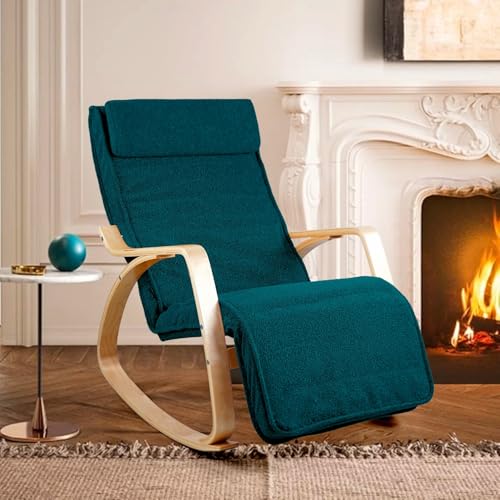 WeHome   Sedia A Dondolo Swing Amor Con Braccioli In Legno, Rocking Chair, Poltrona A Dondolo Con Poggiapiedi Regolabile, Poltrona Salotto, Poltrona Camera Da Letto (Bouclé, Petrolio) : Casa e cucina