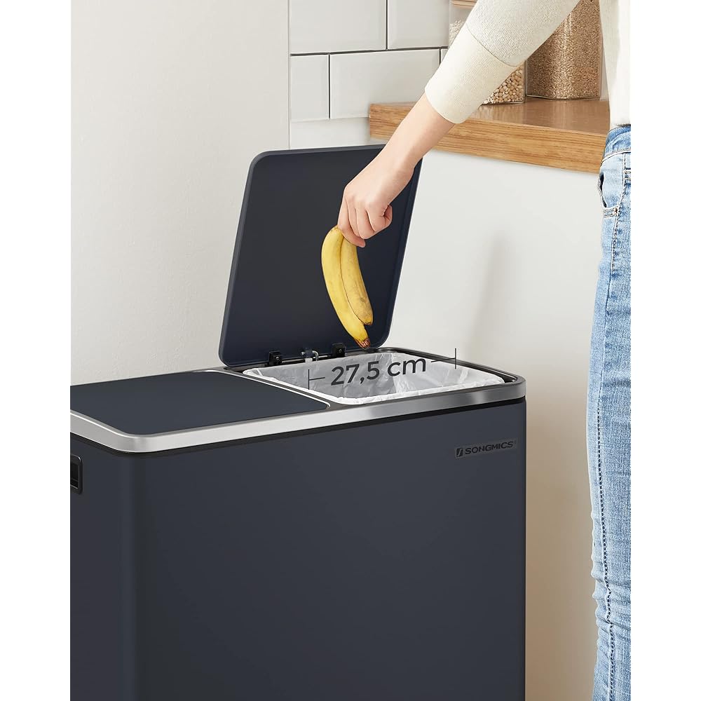 SONGMICS Poubelle de Recyclage, Poubelle Double Seau, 2 x 24L, 2 Compartiments, mécanisme Tampon, pédales, Couvercle, Acier, Seau intérieur en Plastique, poignée de Transport, Anthracite LTB48GS : Cuisine et Maison