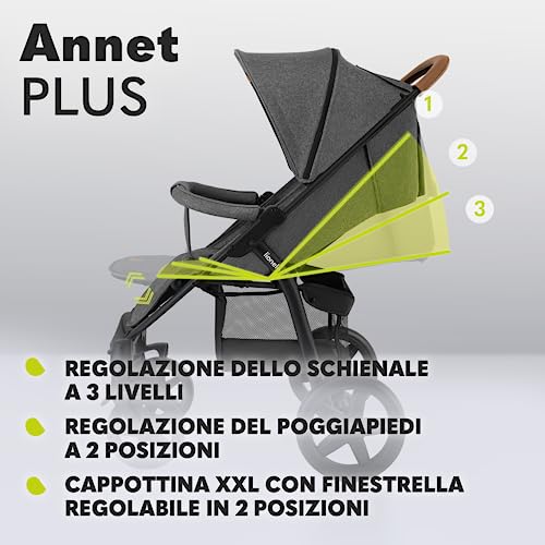LIONELO Annet passeggino leggero pieghevole grigio regorabile con posizione sdraiata con ruote EVA cappottina XXL con zanzariera coprigambe portabibite fino 22 kg : Prima infanzia