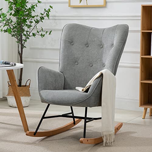 MEUBLE COSY Sedia a Dondolo con braccioli e Seduta Imbottita per Soggiorno, Camera da Letto, Struttura in Metallo e Base in Legno, Tessuto, Grigio Chiaro, 66x84x97 cm : Casa e cucina