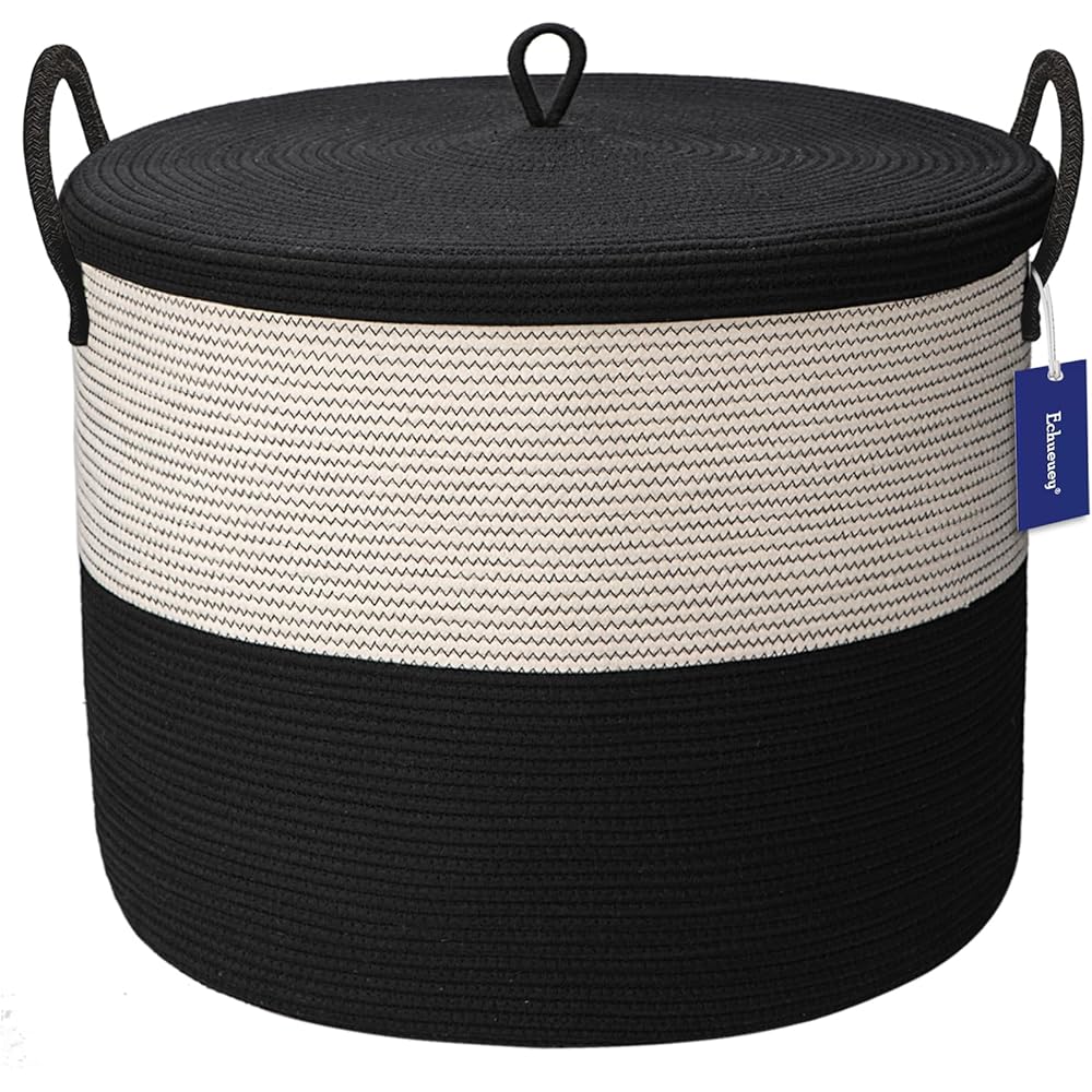 Echueuey Panier à linge en corde de coton XXXXL extra large avec couvercle 53,3 x 45,7 cm (l x H) - Panier de rangement épais et rigide pour le salon - 115 l - Noir : Cuisine et Maison