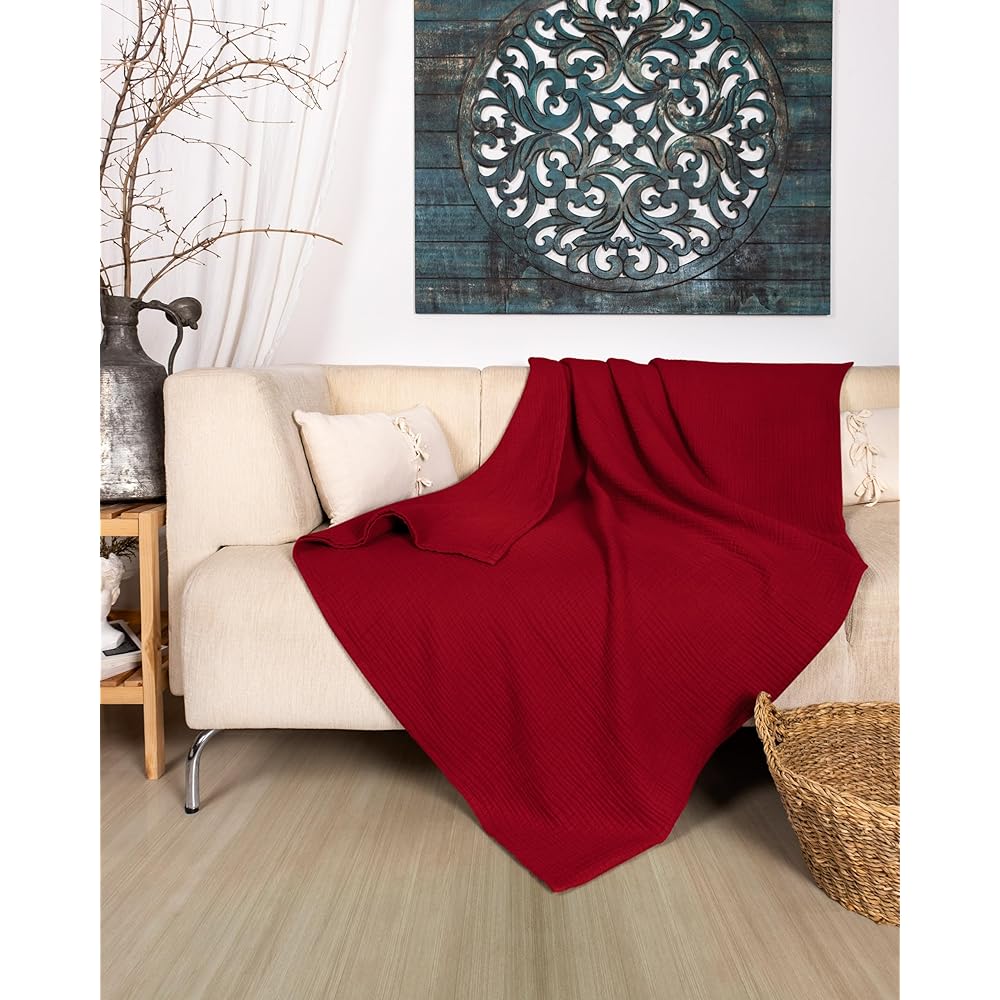 LAYNENBURG Premium Mousseline Couvre-lit 220 x 240 cm XXL - 100% Coton - Couverture en Coton Extra Doux pour se blottir, Couvre-lit, Couvre-canapé, Couvre-canapé (Bordeaux) : Cuisine et Maison