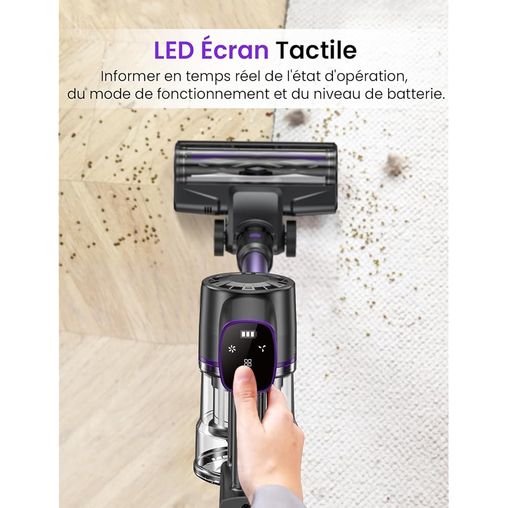 Aspirateur Balai sans Fil, 450W/40Kpa/60 Mins, Aspirateur sans Fil avec Écran LED, Filtration Cyclonique 4 Étapes, Aspirateur pour Tapis,Sols Durs,Poils d'animaux,Aspirateur Balai Léger,Violet : Cuisine et Maison