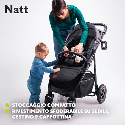 LIONELO NATT Passeggino compatto per bambini dalla nascita fino a 22 kg Pieghevole, Completa regolazione, Posizione sdraiata, Cinture 5punti, Grandi ruote Ammortizzazione, Cappottina XXL, Impermeabile : Prima infanzia