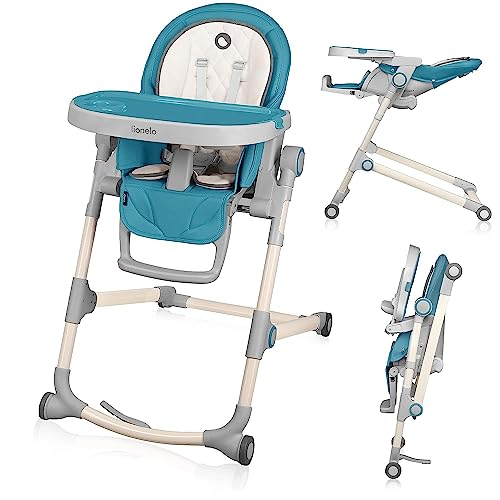 LIONELO Cora Seggiolone pappa per bambini da 6 mesi a 3 anni/15kg Pieghevole e regolabile: Altezza, poggiapiedi e schienale, Vassoio rimovibile, Fibbia a 5punti, 4 Rotelle che non graffiano, Stabile : Prima infanzia