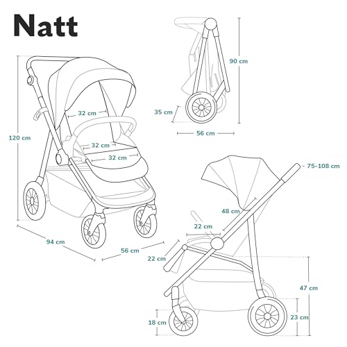 LIONELO NATT Passeggino compatto per bambini dalla nascita fino a 22 kg Pieghevole, Completa regolazione, Posizione sdraiata, Cinture 5punti, Grandi ruote Ammortizzazione, Cappottina XXL, Impermeabile : Prima infanzia