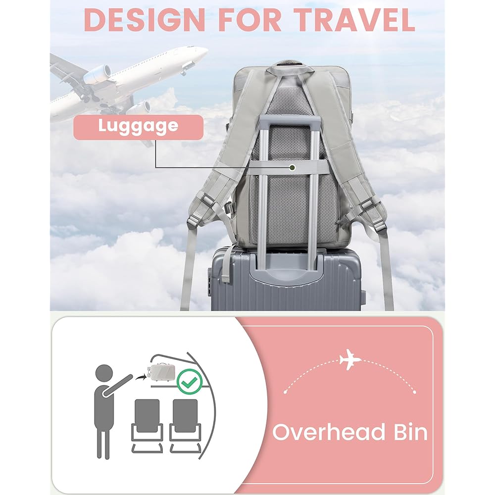 LOVEVOOK Sac à Dos Voyage Cabine Avion 40L Grand Sac à Dos Bagage à Main Antivol Sac à Dos Ordinateur Portable 17.3 Pouces Imperméable Sac Ados Homme Femme Gris Rose : Informatique