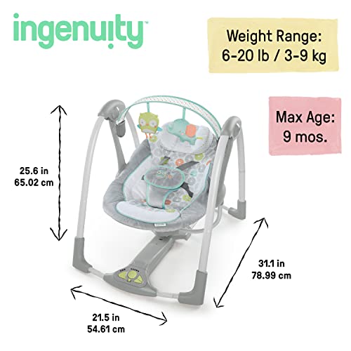 Ingenuity Altalena portatile Swing 'n Go Hugs and Hoots, 5 velocità di rotazione, 6 melodie rilassanti, barra giocattolo rimovibile, età neonatale  , grigio : Prima infanzia