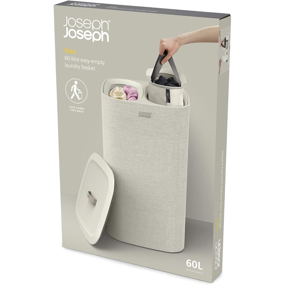 Joseph Joseph Tota- Panier de séparation du linge de 60 litres avec couvercle, 2 sacs de lavage amovibles avec poignées- Beige : Cuisine et Maison