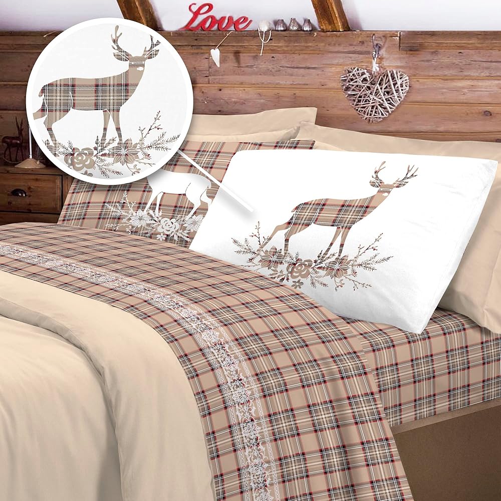 PENSIERI DELICATI Parure de lit Double 100% Coton, Parure de lit Double 180 x 200 cm, avec Drap Plat, Dessus et 2 taies d'oreiller, fabriquée en Italie, Motif Tartan cerf Beige : Cuisine et Maison