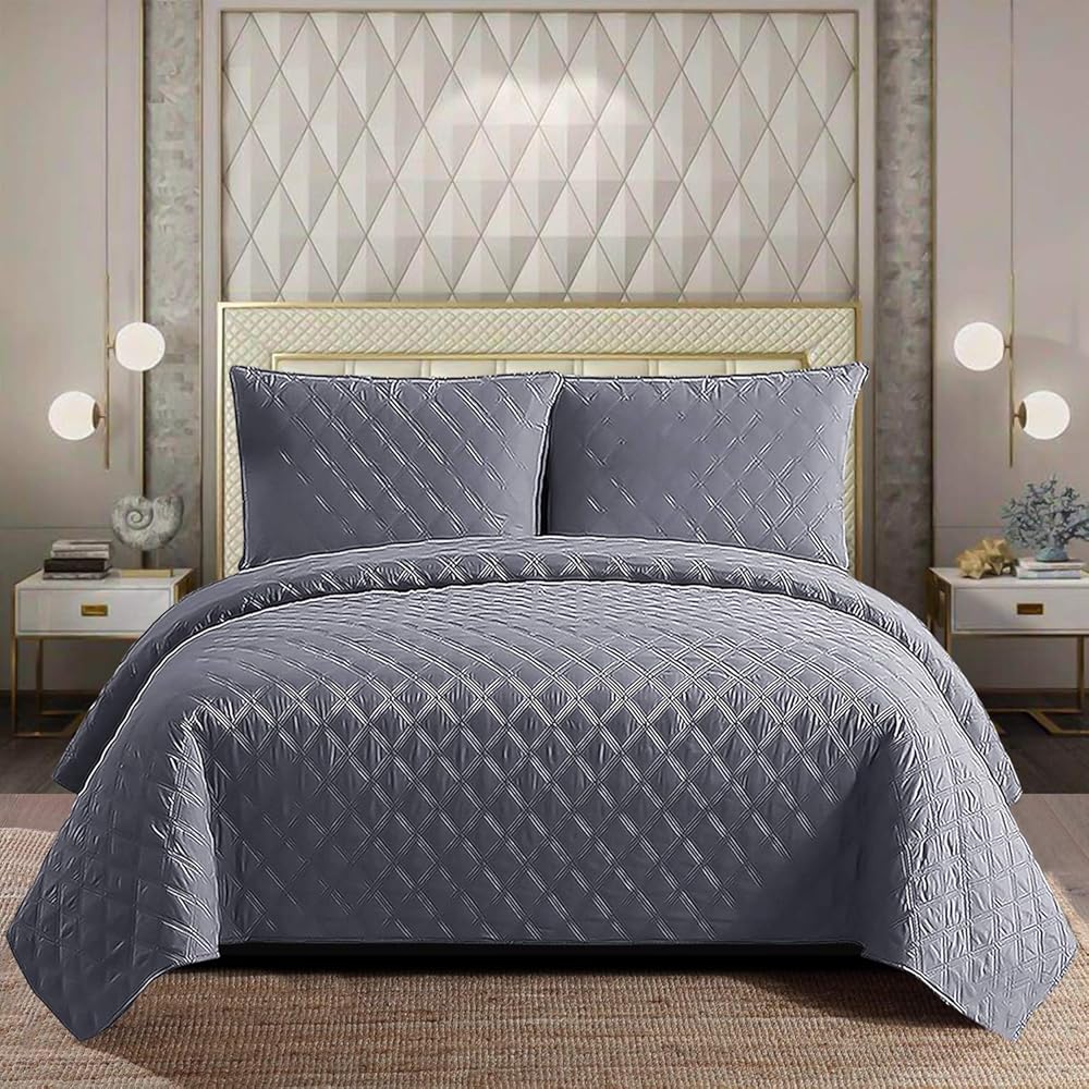 Parure de lit matelassée réversible en relief - En microfibre - Facile d'entretien - Ultraléger - Pour lit simple - Gris : Cuisine et Maison