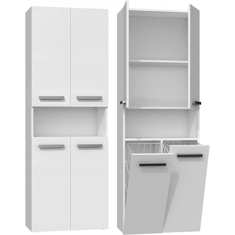 3E 3xE living.com Meuble Salle de Bain - Armoire Debout avec Cinq étagéres et Deux Panier à Linge, Blanc, P : 30 cm, H : 174 cm, L : 60 cm : Cuisine et Maison