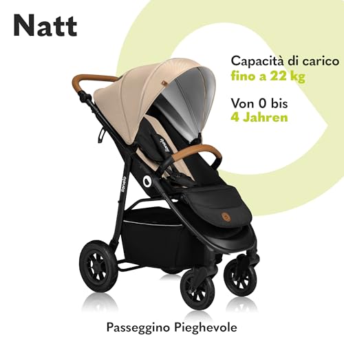 LIONELO NATT Passeggino compatto per bambini dalla nascita fino a 22 kg Pieghevole, Completa regolazione, Posizione sdraiata, Cinture 5punti, Grandi ruote Ammortizzazione, Cappottina XXL, Impermeabile : Prima infanzia