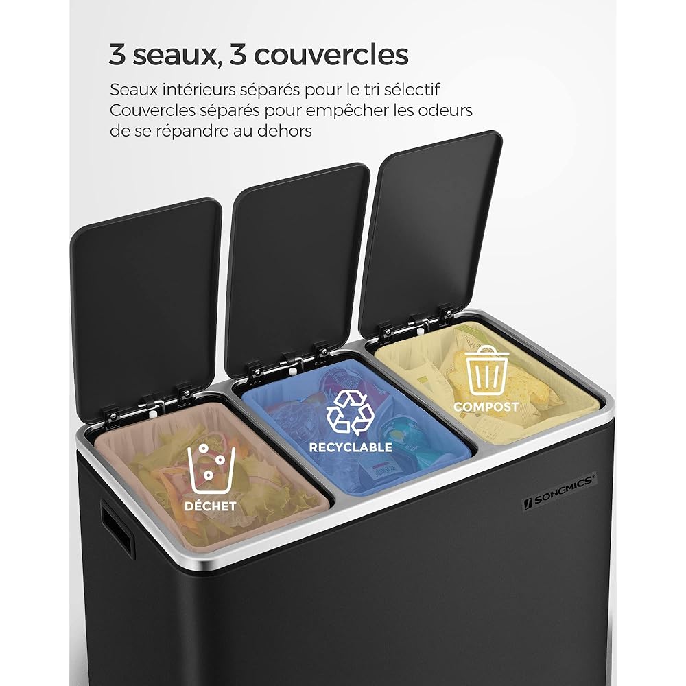 SONGMICS Poubelle Cuisine, 3 x 18L, Poubelle de Tri, 3 Compartiments, Déchets, Compost, Couvercles à Fermeture en Douceur, Pédales, Seaux Intérieurs, Acier, Noir d'Encre LTB54BK : Cuisine et Maison