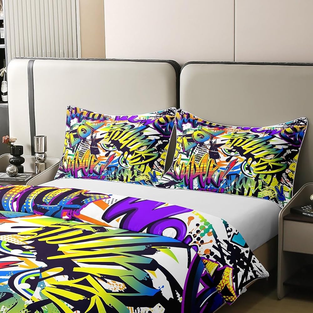 Homemissing Style de Graffiti Hippie 100% Coton Housse de Couette 200x200cm décoration Hip Hop Parure de lit Enfants 100% Coton Garçon Fille Teen Room Decor Motif de Graffiti Literie Set : Cuisine et Maison