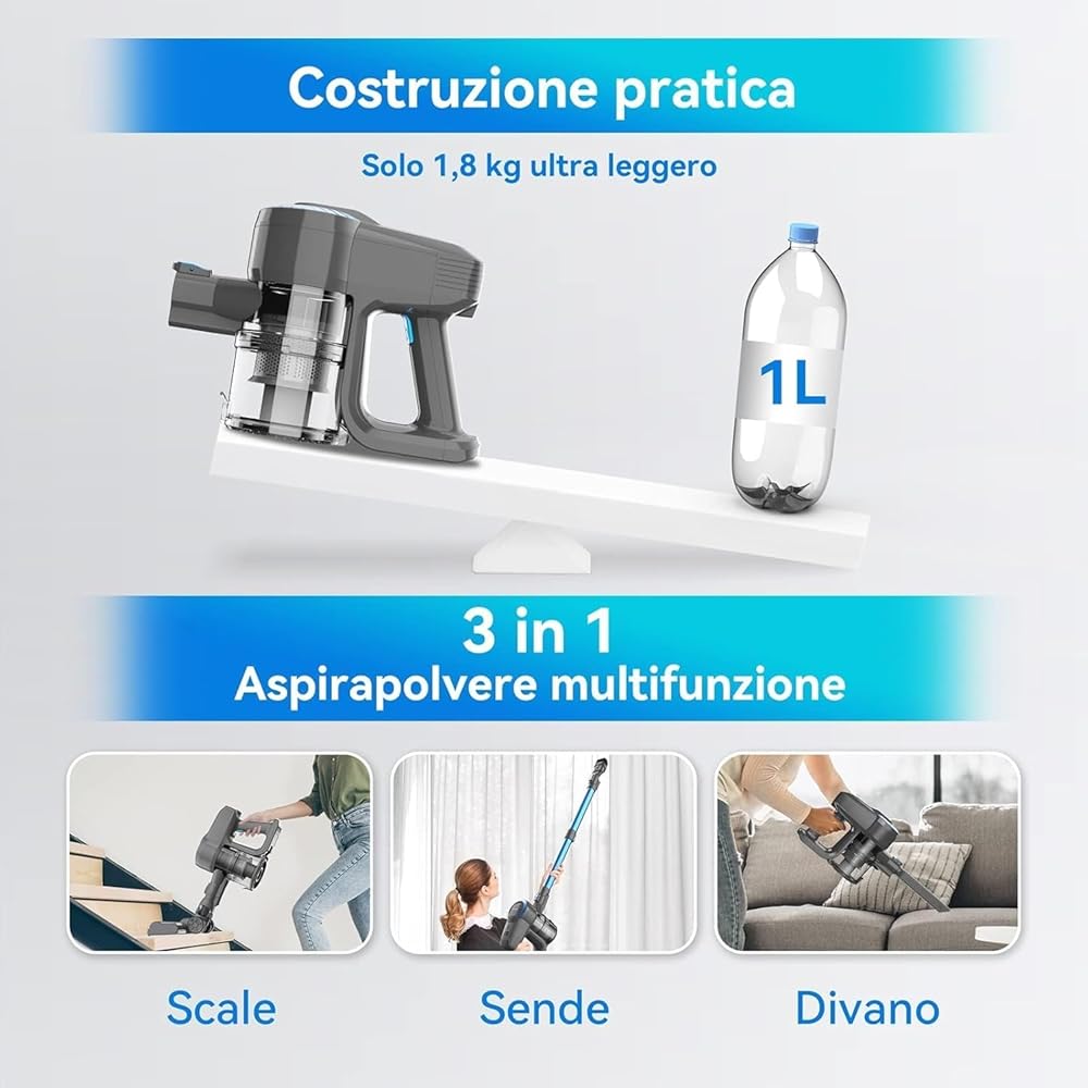 Aspirateur Balai sans Fil N300, 25KPa &amp; 2 Vitesses, Aspirateur sans fil 175W, Aspirateur Léger, 50Min Autonomie, 6 en 1 Aspirateur Balai sans Sac pour Les Poils d'animaux, Tapis, Canapé, Voiture : Cuisine et Maison