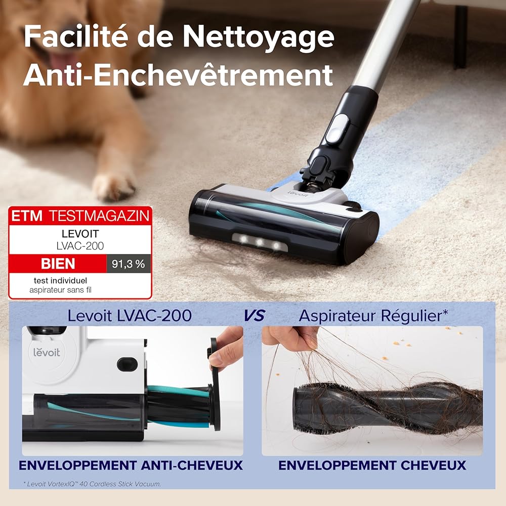 LEVOIT Aspirateur Balai sans Fil 4 en 1 Léger Anti-Enchevêtrement, jusqu'à 50 Mins, 5 Couches Filtre à 99,9%, Lumière LED, pour Les Poils d'animaux, Poussière, Sols Durs, Voitures, Balais Électriques : Cuisine et Maison