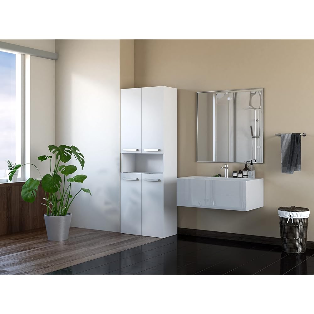 3E 3xE living.com Meuble Salle de Bain - Armoire Debout avec Cinq étagéres et Deux Panier à Linge, Blanc, P : 30 cm, H : 174 cm, L : 60 cm : Cuisine et Maison