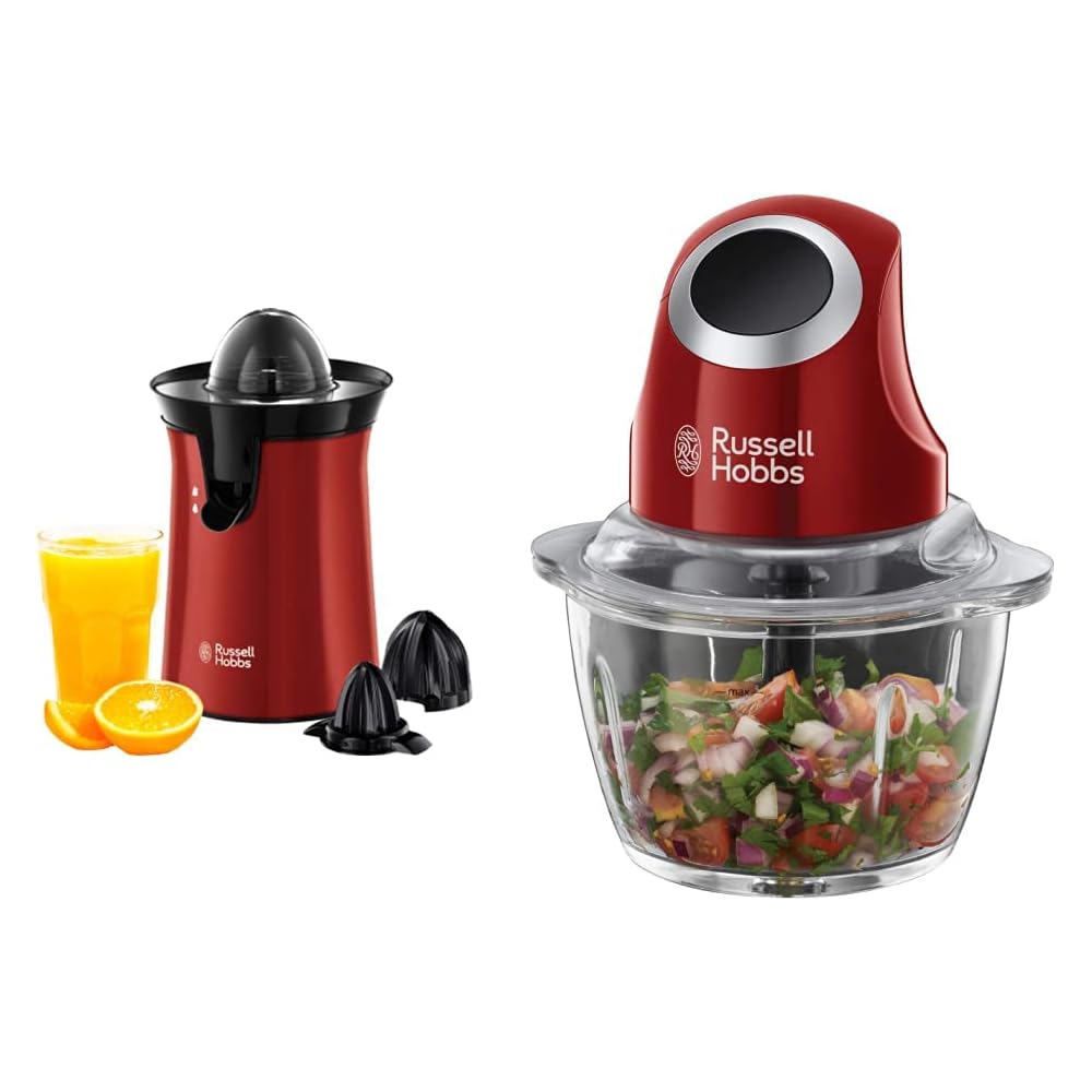 Russell Hobbs Presse Agrumes Electrique, 2 Sens Rotation, 2 Cônes Interchangeables, Jus de Fruit Frais Rapide - Rouge 26010-56 &amp; Hachoir Electrique Bol Préparation 1L, Rouge 24660-56 Desire : Cuisine et Maison