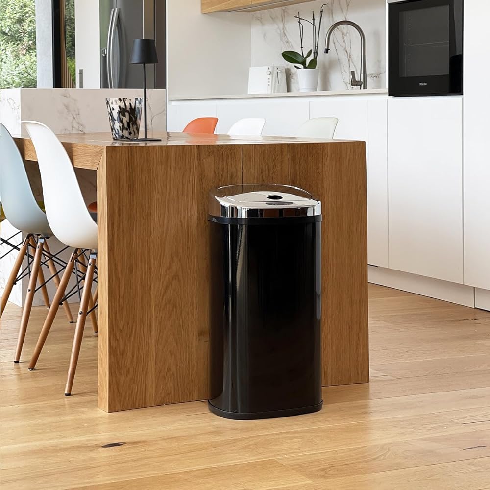 Poubelle de cuisine automatique 42L LARGO Noir brillant en acier INOX avec cerclage : Cuisine et Maison