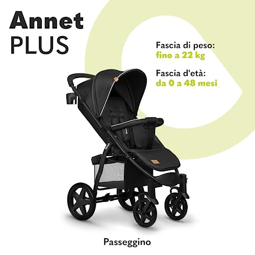LIONELO Annet passeggino leggero pieghevole grigio regorabile con posizione sdraiata con ruote EVA cappottina XXL con zanzariera coprigambe portabibite fino 22 kg (Nero, PLUS) : Prima infanzia