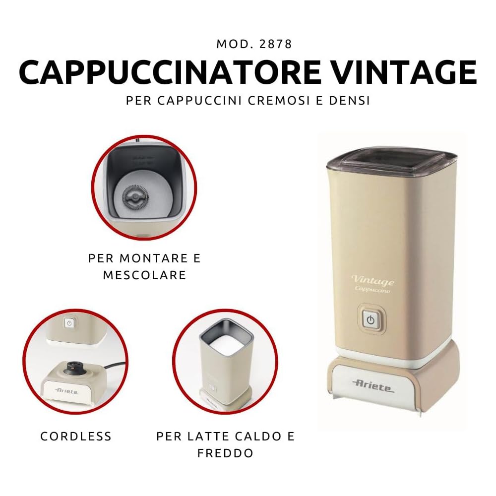 Ariete Cappuccinateur Vintage 2878, Mousseur à Lait Électrique Rétro Pour Cappuccino Et Chocolat Chaud, Buse à Cappuccino Électrique 2 Minutes, Capacité 250Ml, Puissance 500W, Beige : Cuisine et Maison