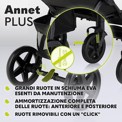 LIONELO Annet passeggino leggero pieghevole grigio regorabile con posizione sdraiata con ruote EVA cappottina XXL con zanzariera coprigambe portabibite fino 22 kg (Nero, PLUS) : Prima infanzia