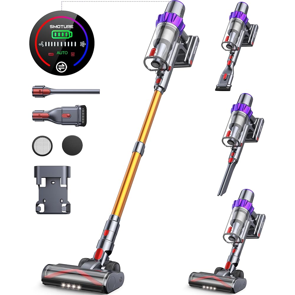 SMOTURE VC80 Aspirateur Balai sans Fil, 450W/40KPa Puissance, 55min d'Autonomie, Écran Tactile et Boutons Mécaniques, Aspirateur Vertical 1.5L, Idéal pour Tapis, Poils d’Animaux, Sols Durs et Voiture : Cuisine et Maison