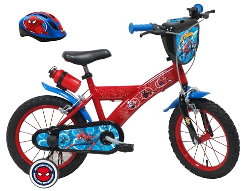 A.T.L.A.S. Bicicletta da bambino 14" Spiderman/Marvel dotata di 2 freni, piastra anteriore decorativa, borraccia posteriore e casco Spiderman inclusi : Sport e tempo libero