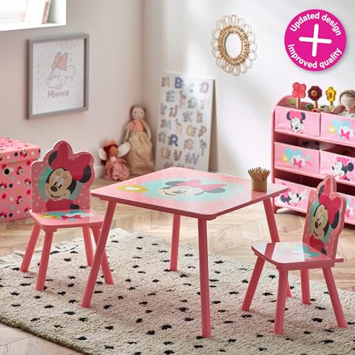 Disney Minnie Mouse Table And Set for Kids (2 Chairs Included) Tavolo e Sedie, MDF da 15 mm, Legno di Pino, Rosa (Light Pink), Piccolo : Casa e cucina