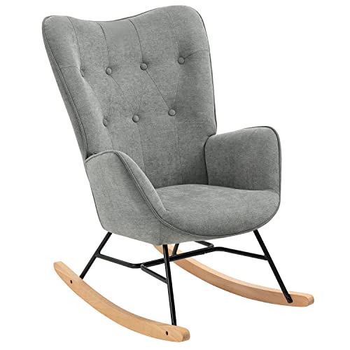 MEUBLE COSY Sedia a Dondolo con braccioli e Seduta Imbottita per Soggiorno, Camera da Letto, Struttura in Metallo e Base in Legno, Tessuto, Grigio Chiaro, 66x84x97 cm : Casa e cucina
