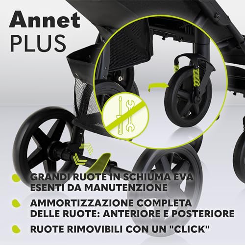 LIONELO Annet passeggino leggero pieghevole grigio regorabile con posizione sdraiata con ruote EVA cappottina XXL con zanzariera coprigambe portabibite fino 22 kg : Prima infanzia
