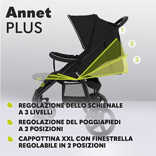 LIONELO Annet passeggino leggero pieghevole grigio regorabile con posizione sdraiata con ruote EVA cappottina XXL con zanzariera coprigambe portabibite fino 22 kg (Nero, PLUS) : Prima infanzia