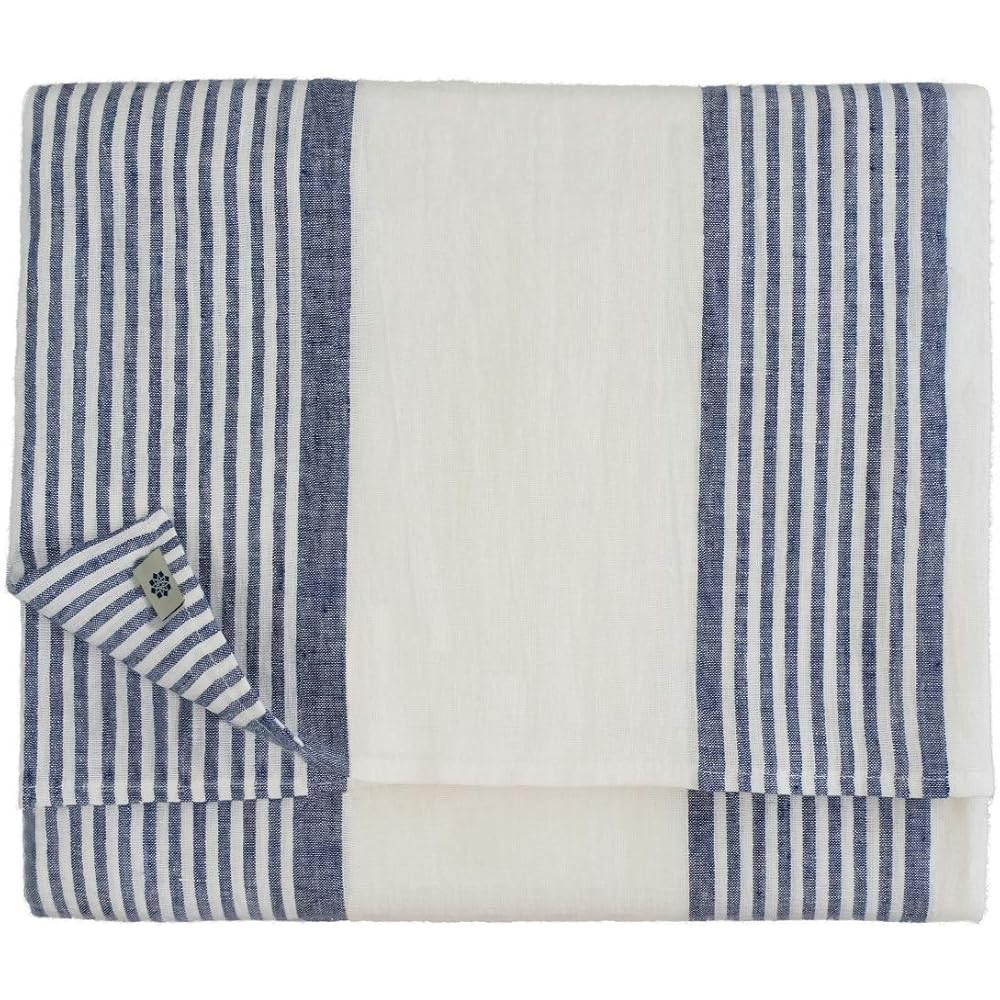 Linen &amp; Cotton Nappe de Table Rayée en Tissu Olivier - 100% Lin Lavé, Blanc Bleu (150 x 250 cm) Lavable Rectangulaire Grande Vintage Rustique Campagne Champetre pour Maison Cuisine Fête Ete Exterieur : Cuisine et Maison