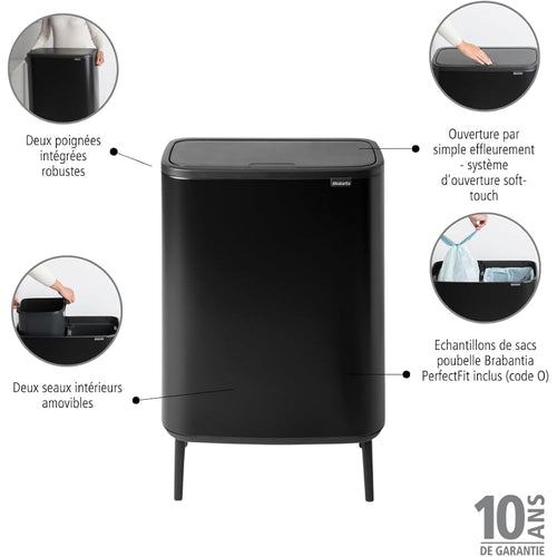 Brabantia - Poubelle 2 x30l - Bo Touch Bin Hi - Poubelle Double Poubelle XXL idéale tri sélectif - Poubelle de Cuisine Garantie 10 ans - Poubelle 60L Ecologique - Noir : Cuisine et Maison