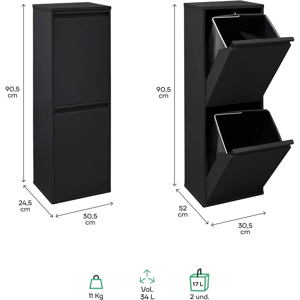 ARREGUI Basic CR206-B Poubelle de Recyclage Cuisine 2 Bacs | 2 x 17 L (34 L) | Poubelle de Tri Sélectif 2 Rangements | Meuble Poubelle en Acier avec 2 Seaux | Sac Poubelle | noir : Cuisine et Maison