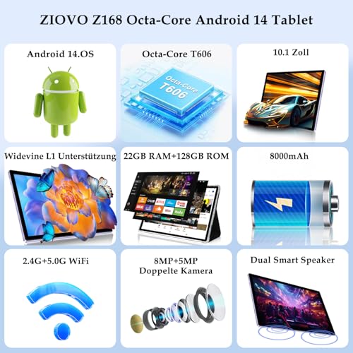 ZIOVO Tablet Android 14 Tablet 10 Pollici, 22GB RAM 128GB ROM (TF 1TB), 5G WiFi Tablet, Widevine L1/Octa Core/8000mAh/Corpo Metallico/8 5MP/Supporto Netflix, 2 in 1 Tablet con Tastiera e Mouse  Viola : Informatica